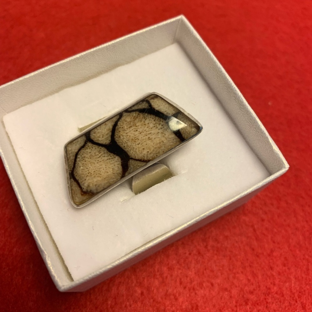 925 Silver Ring with Fossilized Sponge Coral Stone